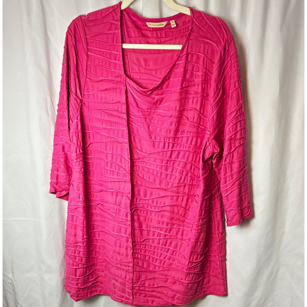Soft Surroundings Pink Textured Cowl Neck Knit Tunic Top 1X 3/4 Sleeve